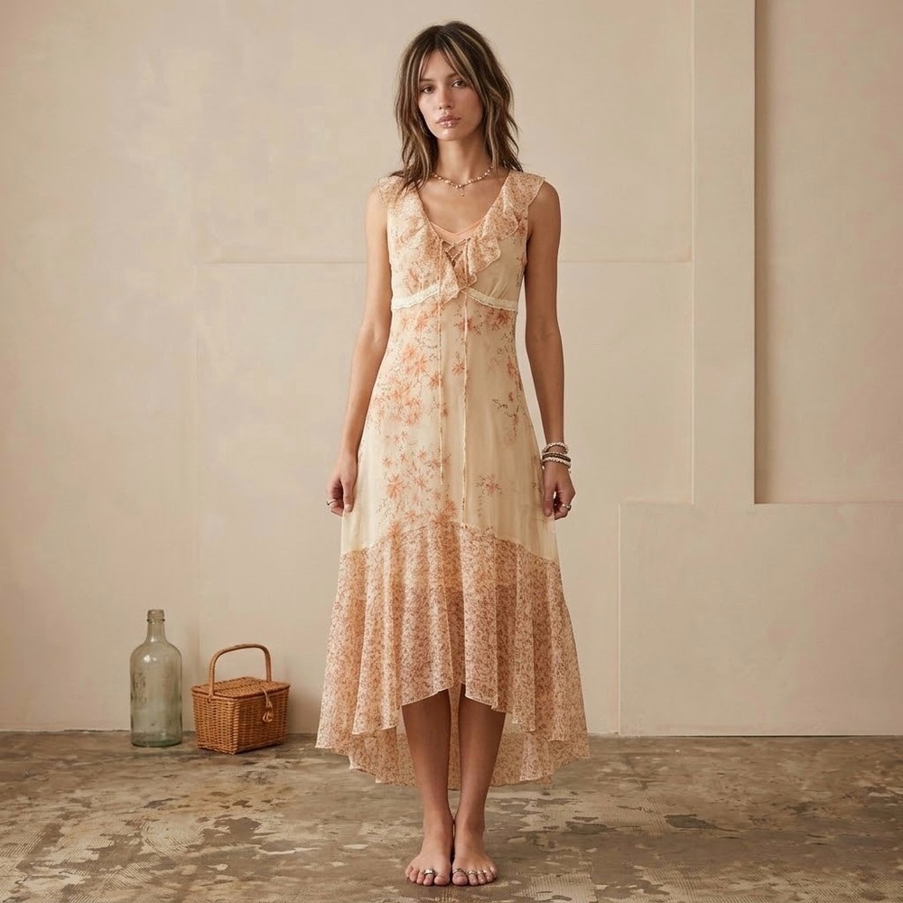 Vintage | Be Smart | Sheer Floral Ruffle Lace Up High Low Midi Dress Size 7/8